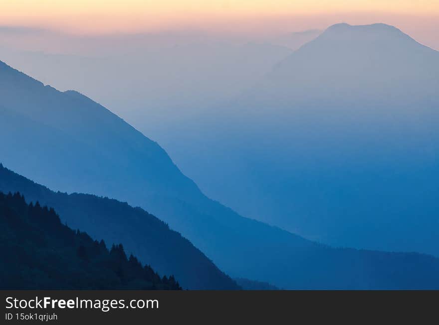 Soca valley landscape with a view on Stol mountain. Amazing sunset in Slovenia