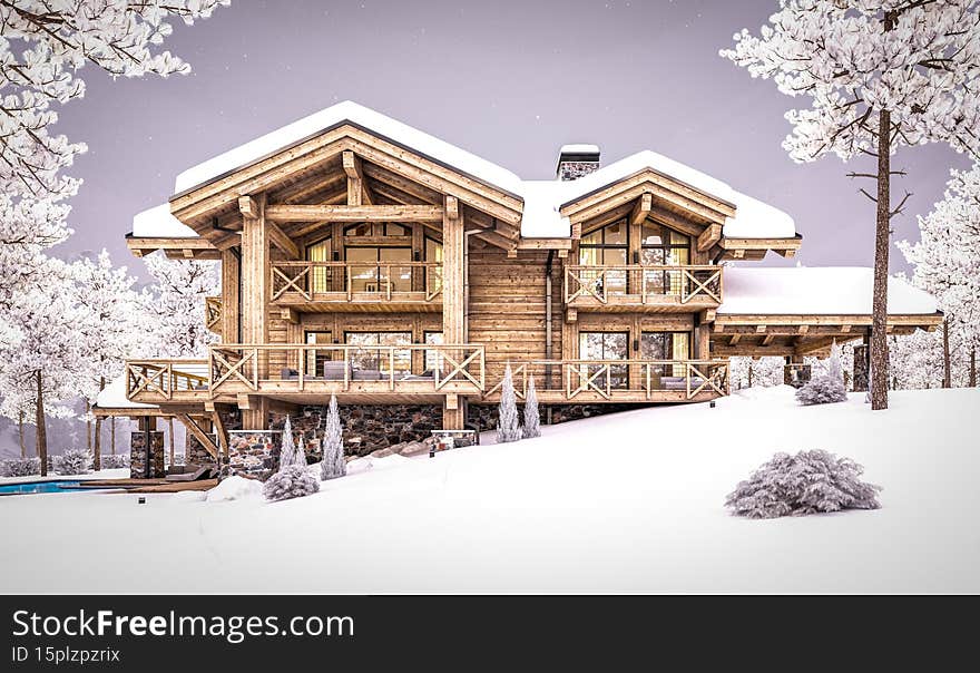 3d rendering of modern cozy chalet with pool and parking for sale or rent. Beautiful forest mountains on background. Massive timber beams columns. Cool winter evening with cozy light from windows. 3d rendering of modern cozy chalet with pool and parking for sale or rent. Beautiful forest mountains on background. Massive timber beams columns. Cool winter evening with cozy light from windows