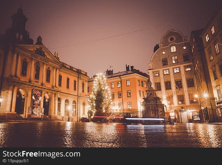 Night view of Gumla Tan Old Town. Shooting Location:Sweden, Stockholm