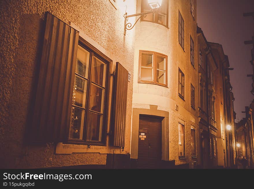 Night view of Gumla Tan Old Town. Shooting Location:Sweden, Stockholm