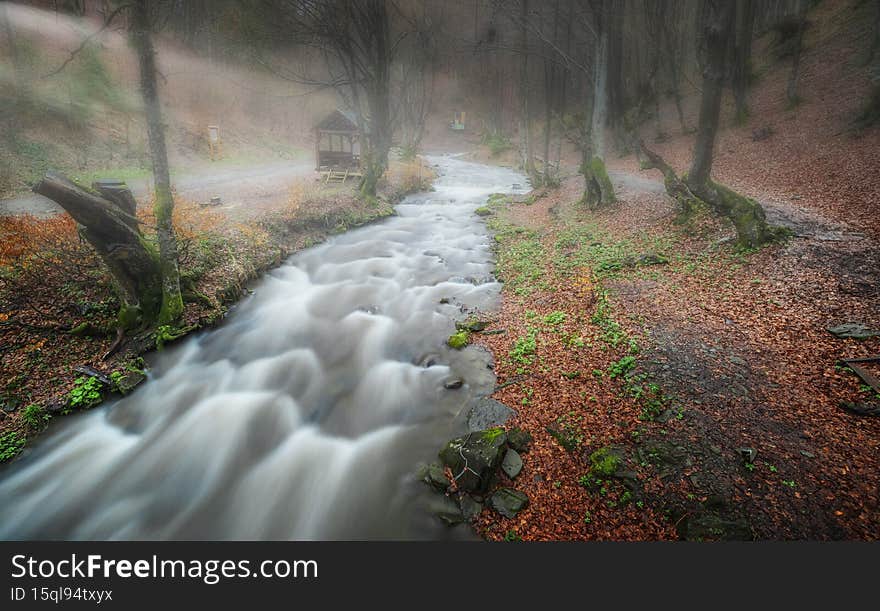 River Long Exposure with Surrounding Forest and Rocks