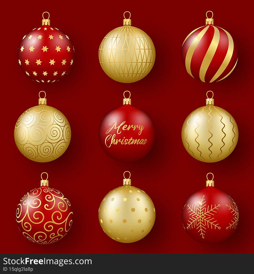 Christmas and New Year decor. Set of 3D realistic gold and red glass balls with an ornament