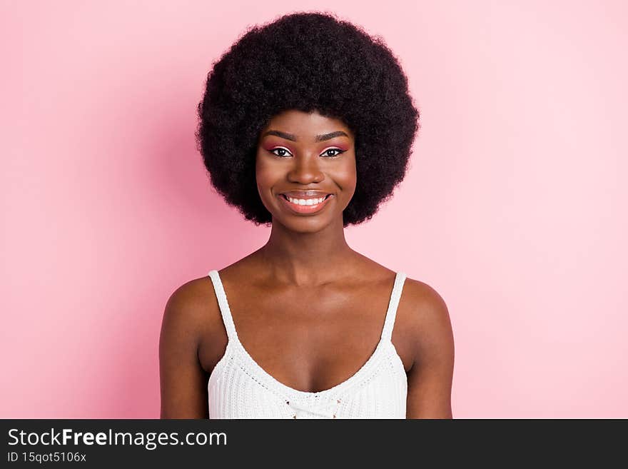 Photo of optimistic millennial brunette hairdo lady wear white top isolated on pastel pink color background.