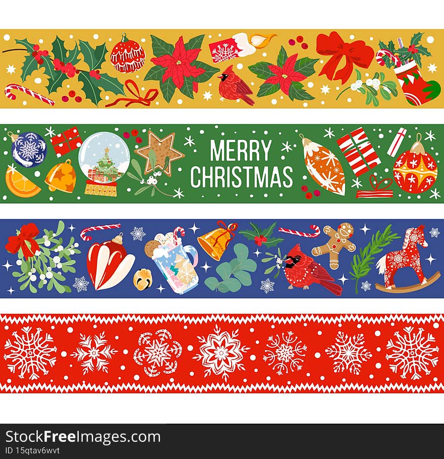 Set of vector christmas washi tapes, masking tapes, elements, cute design patterns. Holiday frames or borders with toys, cup latte