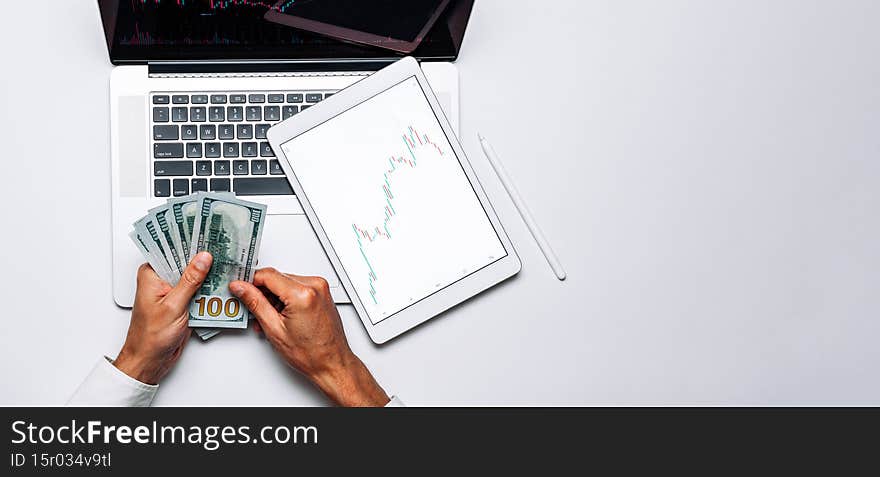 Online success. Finance application for sell, buy and analysis profit dividend statistics. Investment business technology app on digital screen. Data analysis background with copy space