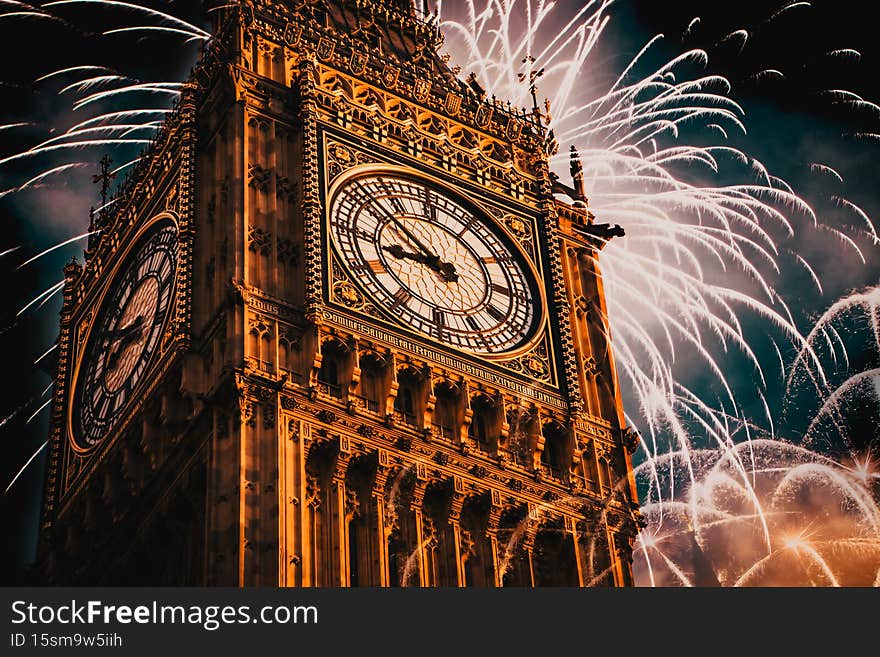 New Year in the city - Big Ben with fireworks