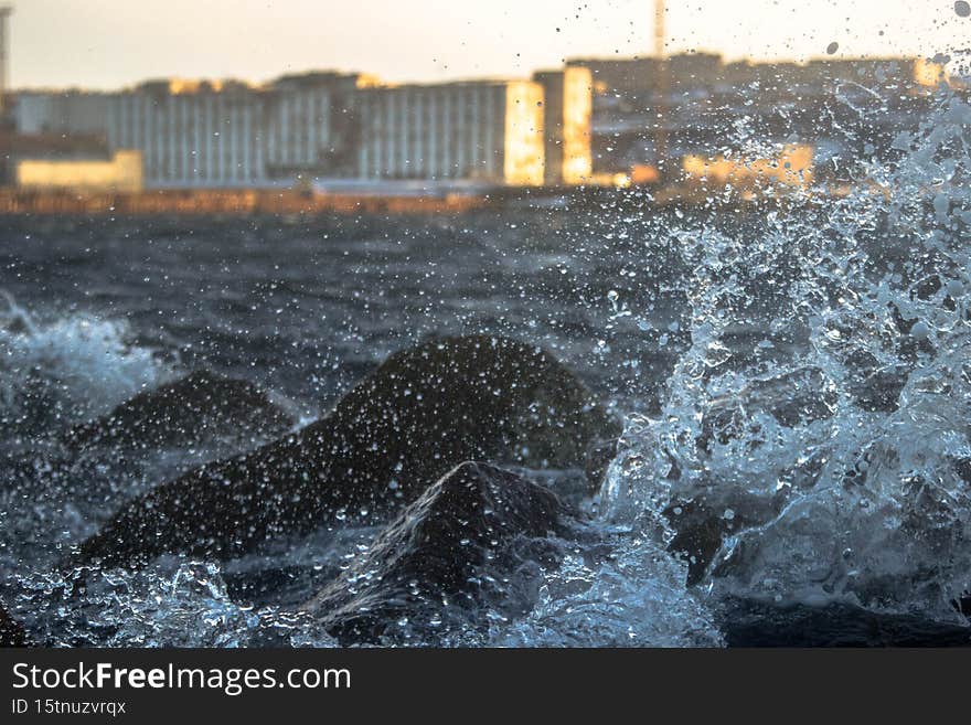 Waves Of The Barents Sea On The Background Of The Old Town.