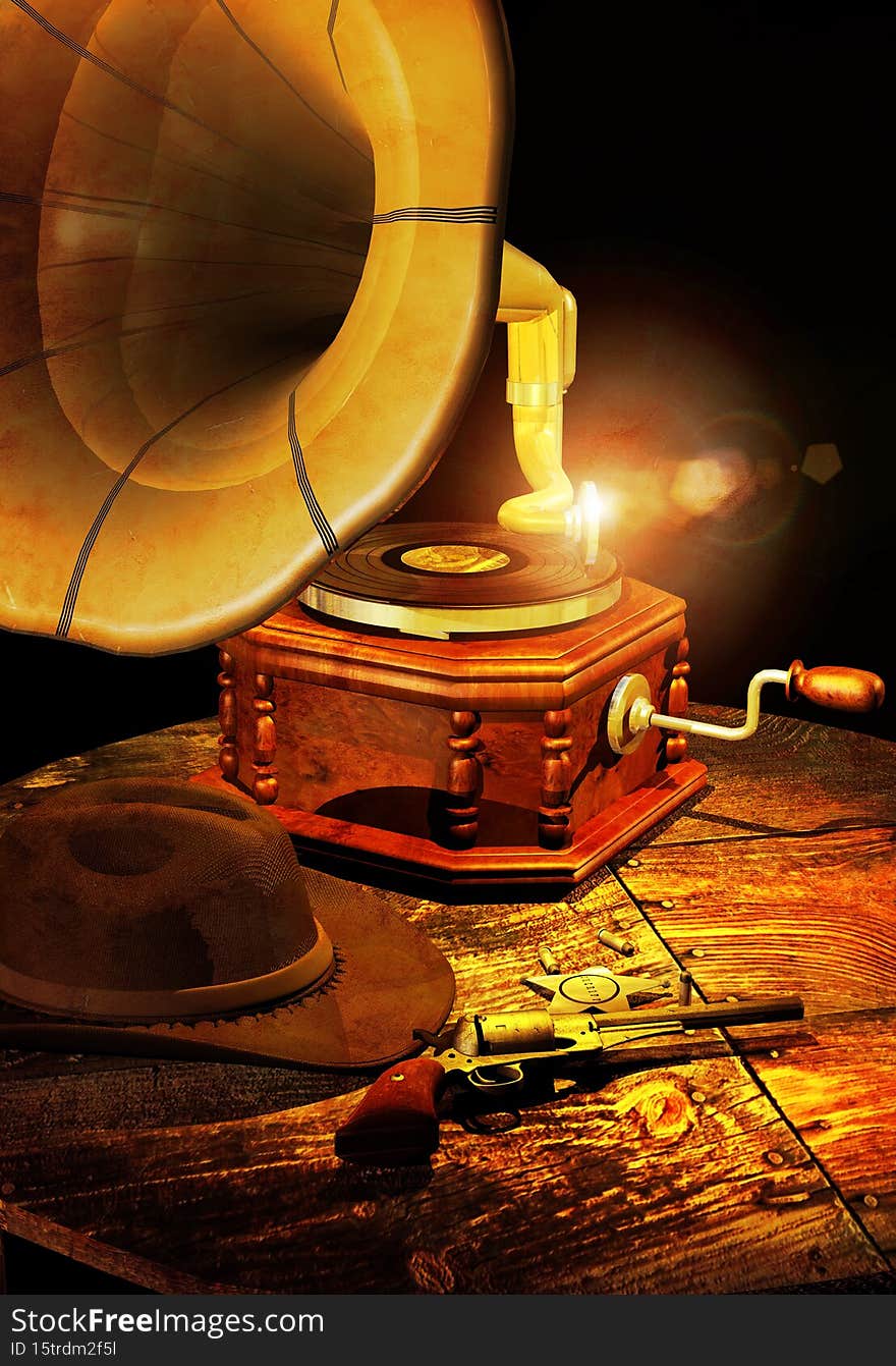 Camera over a vintage gramophone close to old Remington pistol, bullets,  a sheriff star and a cowboy hat lying on a wooden table. Camera over a vintage gramophone close to old Remington pistol, bullets,  a sheriff star and a cowboy hat lying on a wooden table.