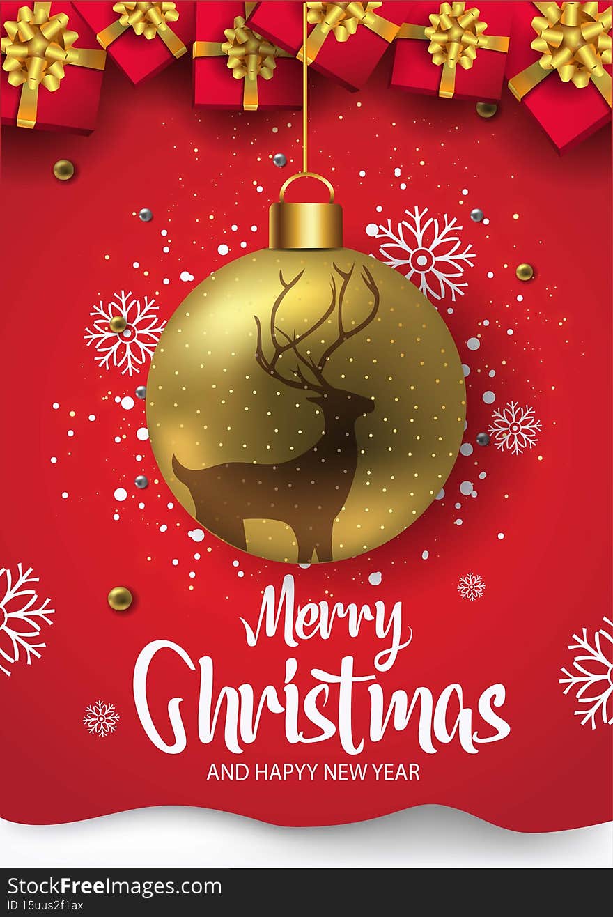 Merry Christmas background. Christmas big ball with reindeer. Vector illustration design
