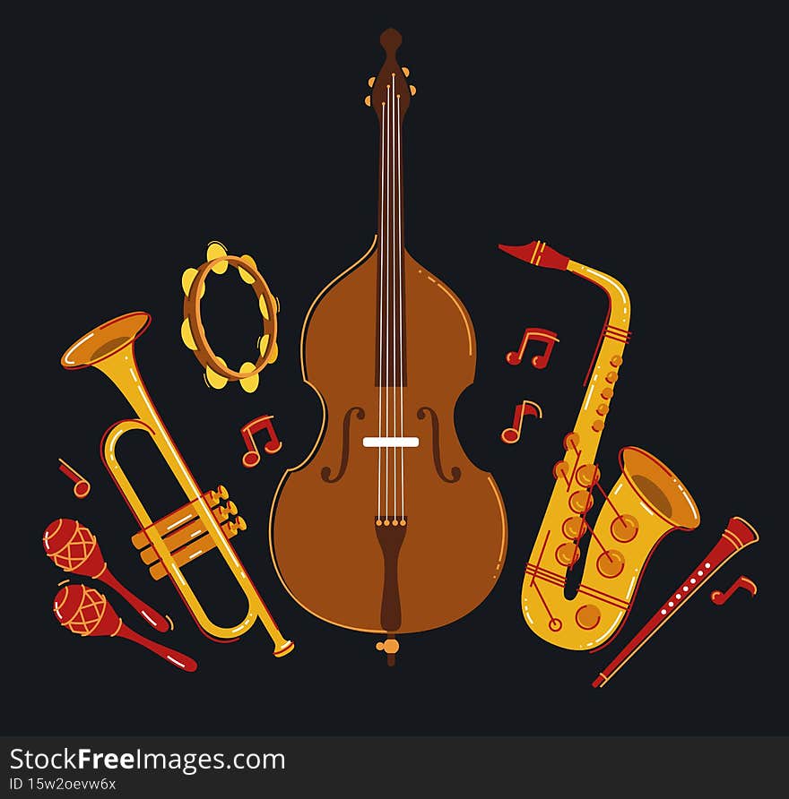 Jazz music band concept different instruments vector flat illustration on dark background, live sound festival or concert, musician different instruments set