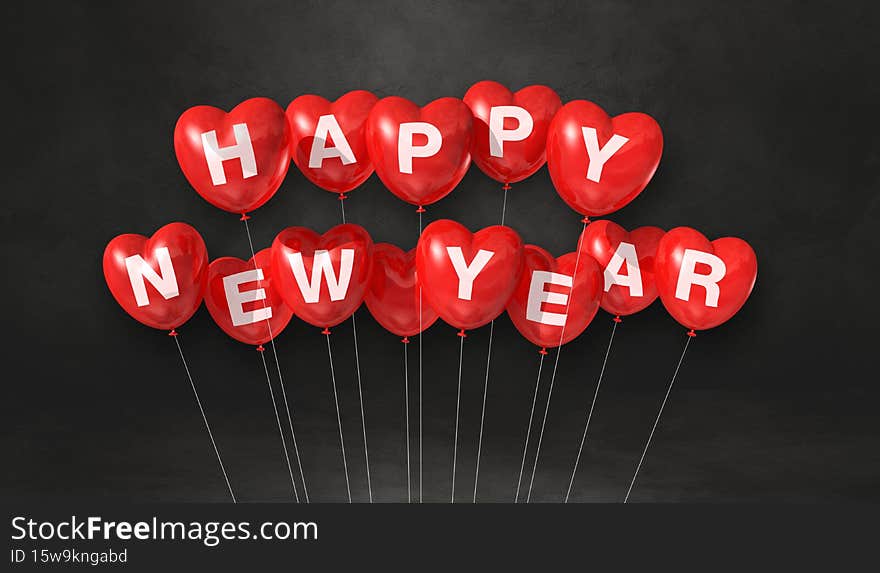 Red happy new year heart shape balloons on a black concrete background. Horizontal banner. 3D illustration render
