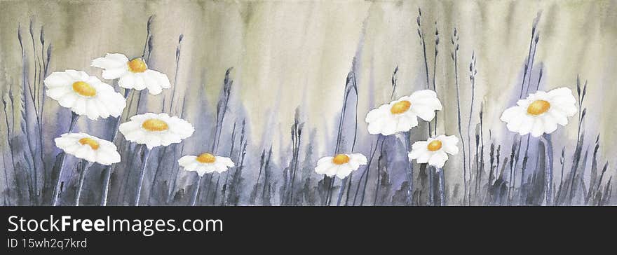 Nature floral banner template. Beautiful pastel colored meadow landscape. White chamomile flowers and grass on light khaki green and purple background. Watercolor painting on textured paper