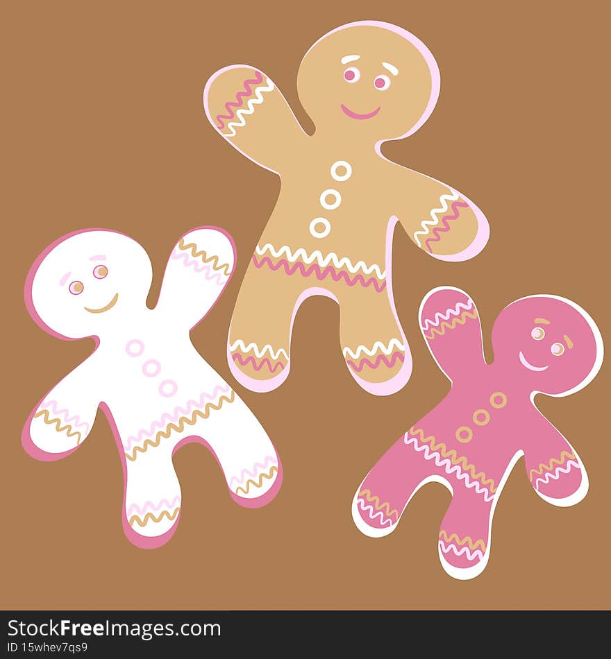 Illustration a square background - a gingerbread man, a festive curly cookie. Design element for the design of books, notebooks, postcards, interior items. Wallpapers, textiles, packaging, background for a website, mobile application or blog. Food, dessert, sweets, new year and christmas, ginger cookies, pastries