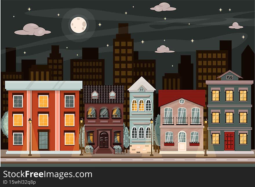 Vector night street with houses in city. Cartoon illustration with downtown and area with apartment buildings The background is in a flat style. European city in summer.