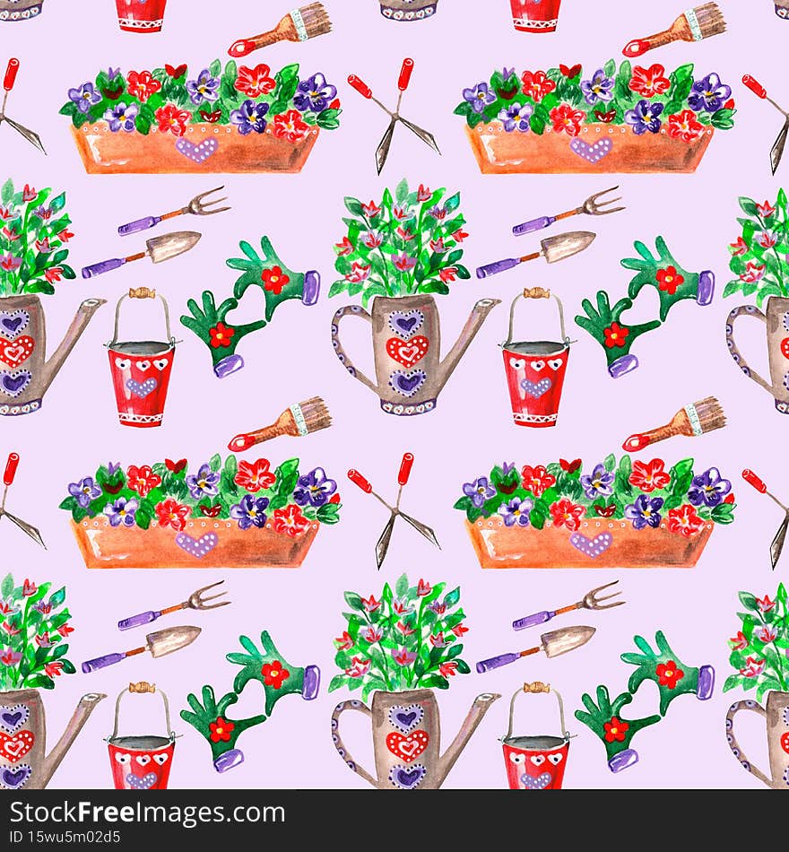 Seamless watercolor pattern on the theme of gardening