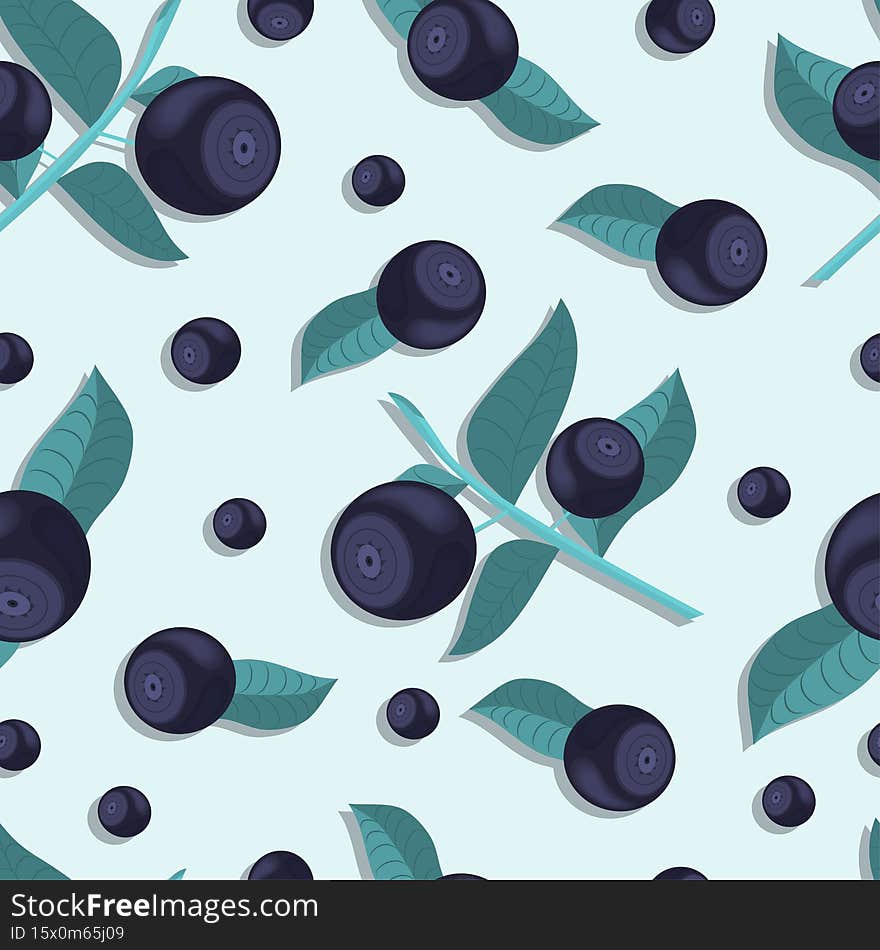 Seamless pattern of blueberry and leaves. flat vector illustration
