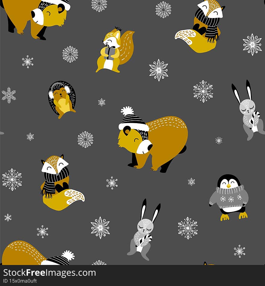 Winter background with cute woodland animals