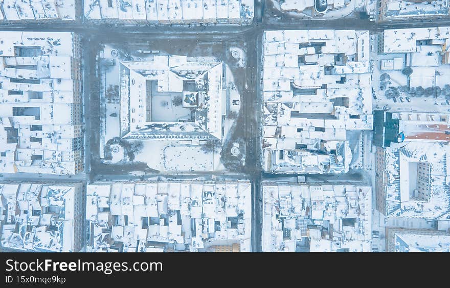 aerial view lviv city at winter misty day copy space