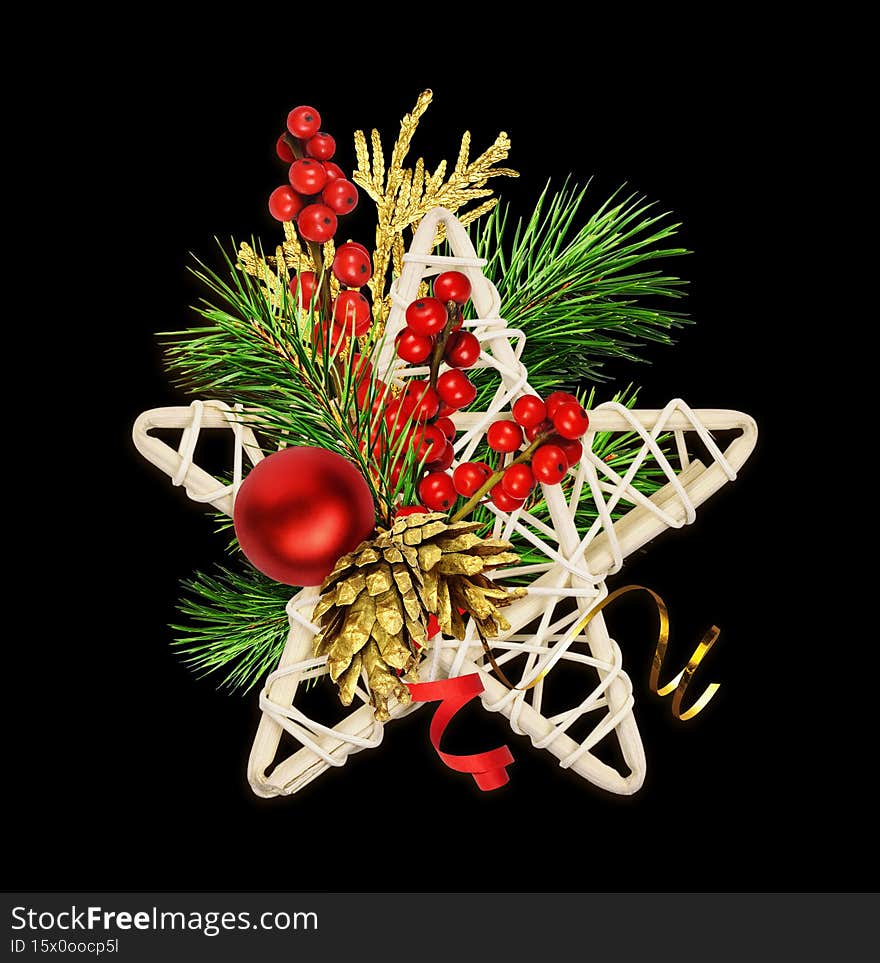 Dry rattan star with Christmas decorations, red berries and green pine twigs  isolated
