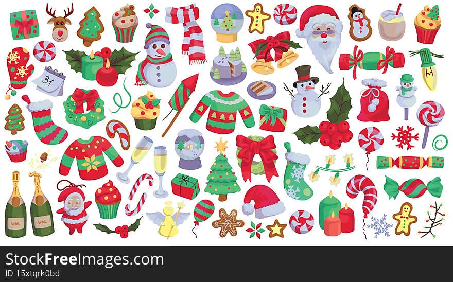 Big pack of seasonal flat vector doodle elements in colorful colors. Big pack of seasonal flat vector doodle elements in colorful colors.