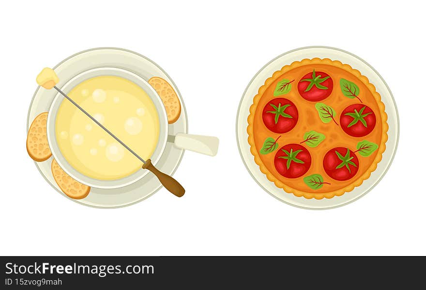 French cuisine traditional delicious food set. Tomato tart taten and cheese fondue vector illustration isolated on white background