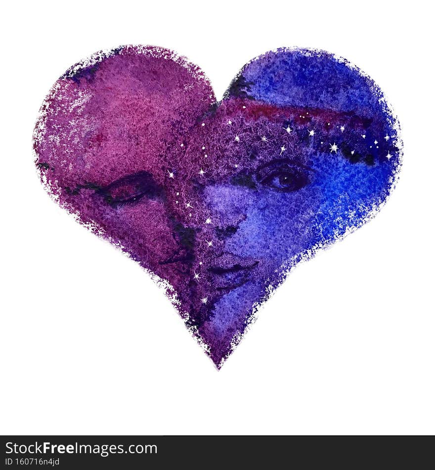 Hand drawing abstract watercolor spreading in heart form with human faces izolated on white backgtound. Hand drawing abstract watercolor spreading in heart form with human faces izolated on white backgtound