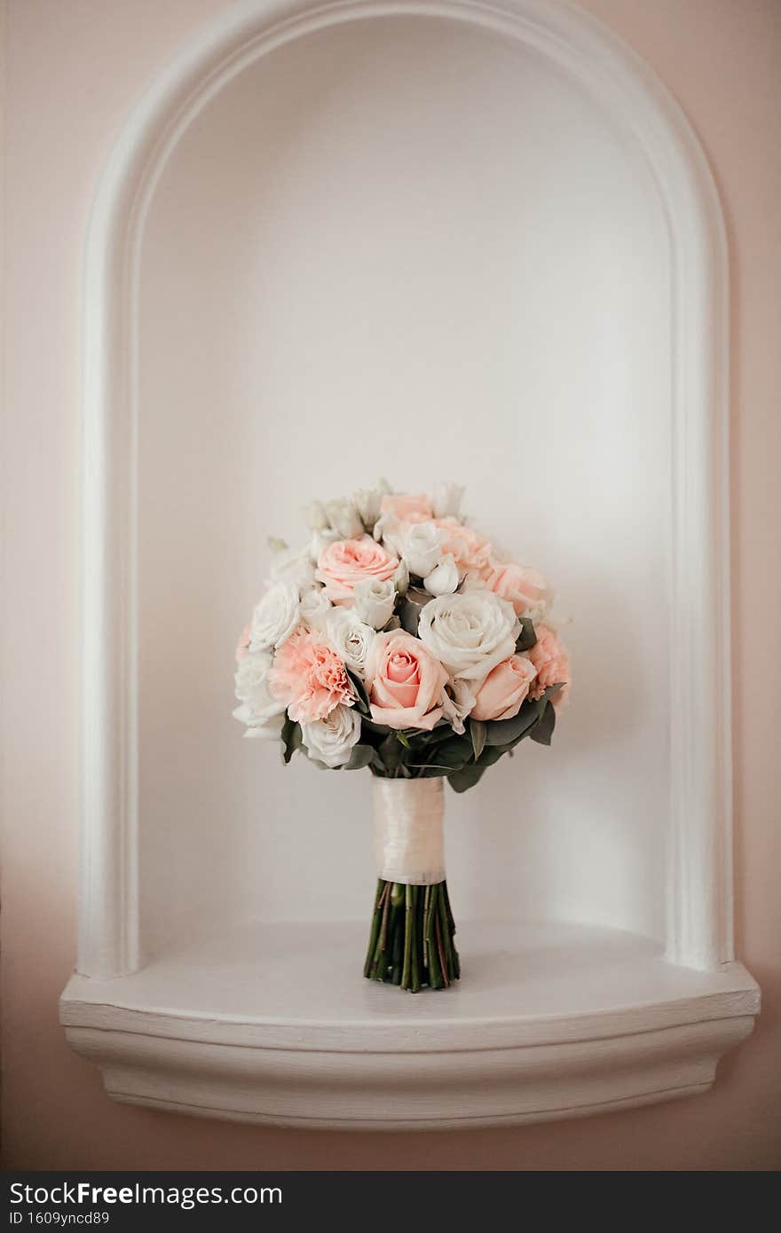 wedding bridal bouquet on white background with roses