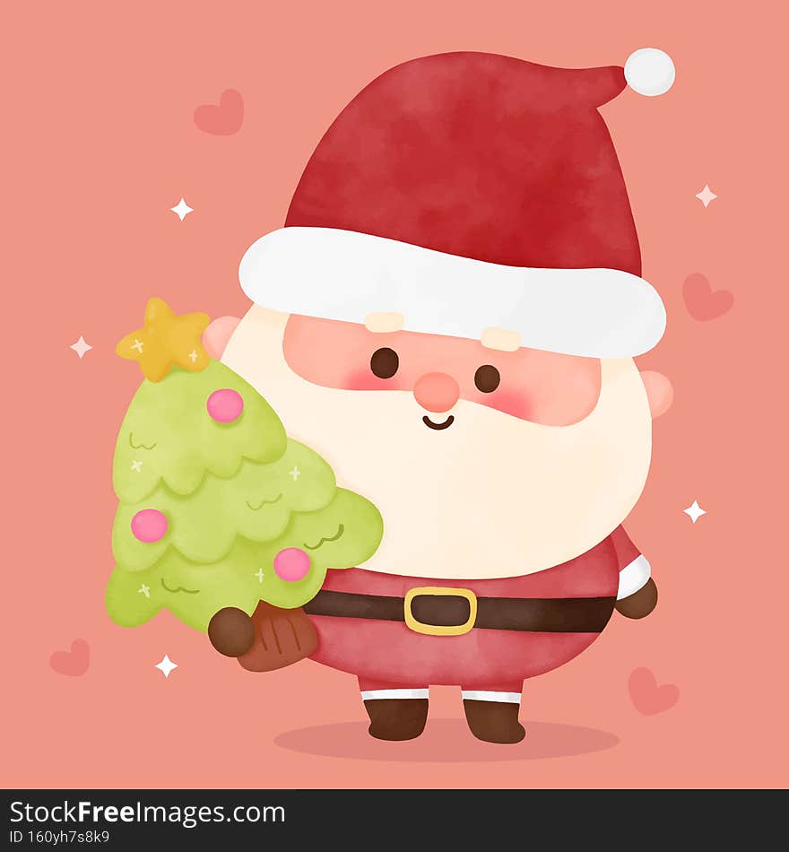 Watercolor Santa calus cartoon christmas tree kawaii illustration