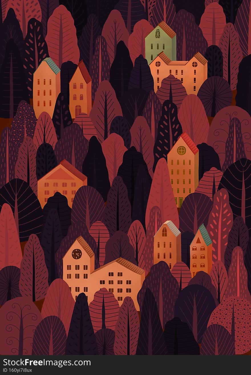 Taiga Seasons illustration. City in the forest. Country life. Nature of the taiga. Dark night.