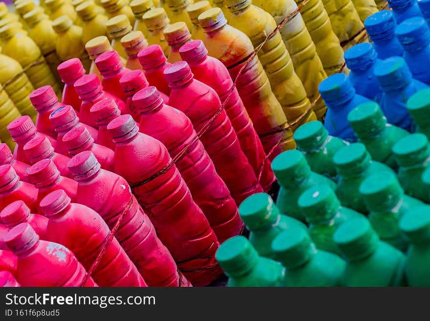 The colorful plastic bottles, arranged in a group, many bottles. The colorful plastic bottles, arranged in a group, many bottles