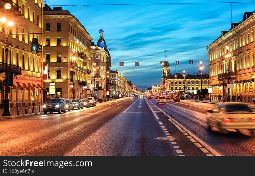 Nevsky Prospect, the main street in St Petersburg city center, Russia, view at late evening light