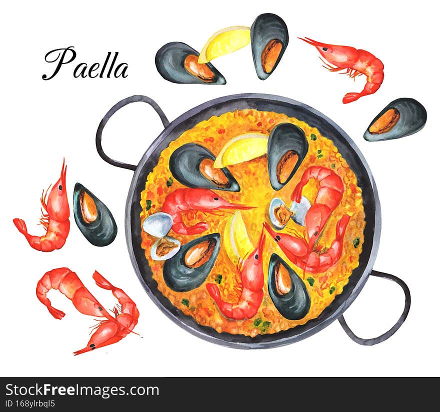 Seafood paella watercolor illustration. Good for restourant menu. Mediterranean kitchen. Seafood paella watercolor illustration. Good for restourant menu. Mediterranean kitchen