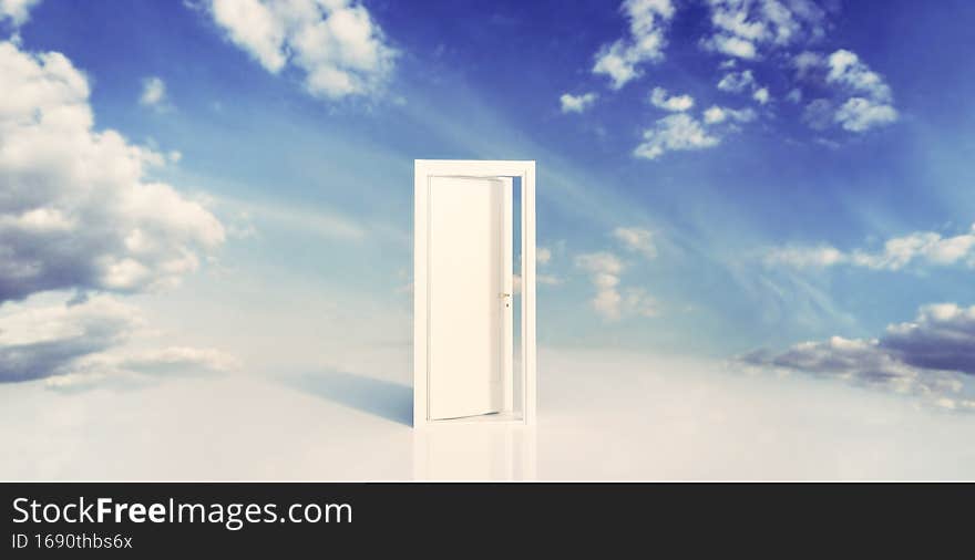 Open door to blue sky with fluffy clouds. Hope, new life, change concept. Open door to blue sky with fluffy clouds. Hope, new life, change concept