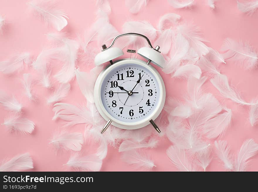 Top view photo of white alarm clock and pink feathers on isolated pastel pink background