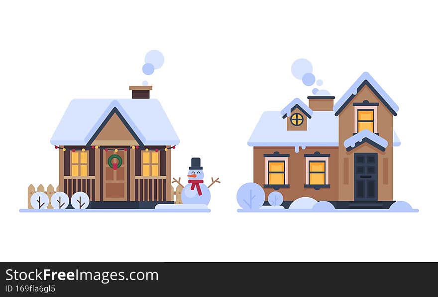 Country House in Winter Season with Chimney and Roof Covered with White Snow Vector Set. Nice and Cozy Suburban Private Home Concept