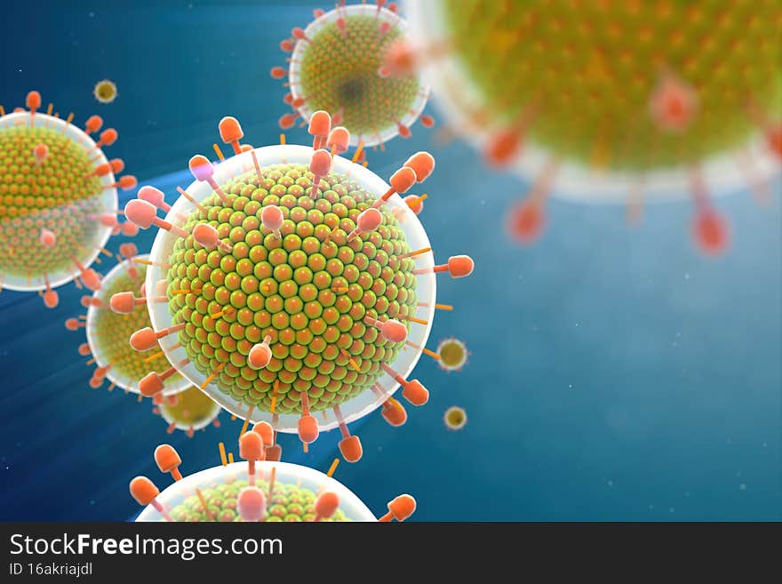 Paramyxovirus mumps , COVID pandemic, Close-up of virus under microscope. Realistic high quality medical 3d render.