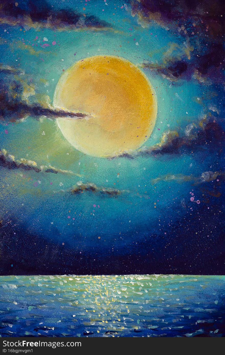 Painting mystic night big glowing moon planet sun over ocean sea water Fantasy monet fine art paint claude concept for fairytale paintings, universe illustration background artwork for book. Painting mystic night big glowing moon planet sun over ocean sea water Fantasy monet fine art paint claude concept for fairytale paintings, universe illustration background artwork for book