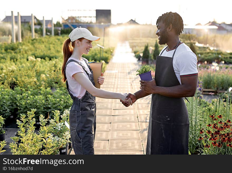Male and female multiracial engineers shaking hands after successful inspecting greenhouse organic farm business construction. Multi-sex farmers. happy Man and woman. Agronomy concept. Male and female multiracial engineers shaking hands after successful inspecting greenhouse organic farm business construction. Multi-sex farmers. happy Man and woman. Agronomy concept