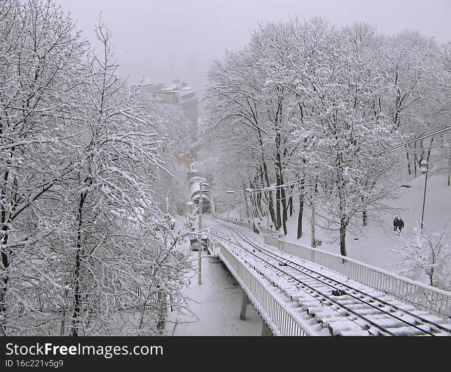 View of the funicular in Kiev on a winter day.