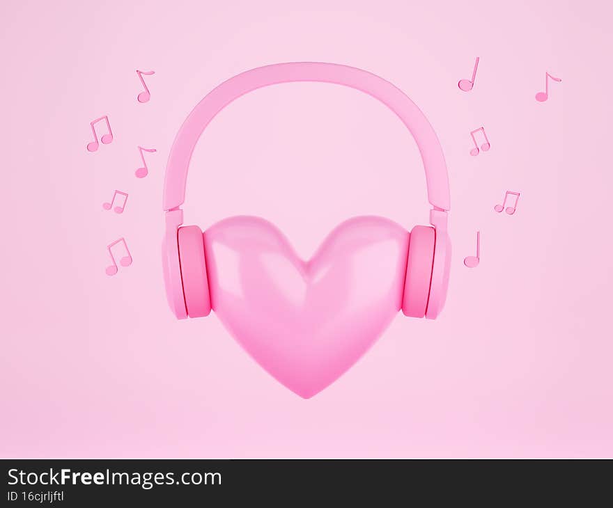 Heart and headphones. Illustration of love for music. Listen to your heart. Pink background. 3d rendering