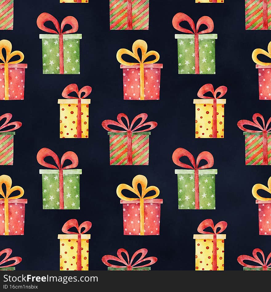 Watercolor christmas seamless pattern with present boxes on dark blue background