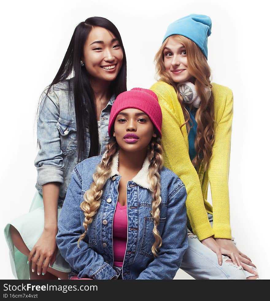 diverse nation girls group, teenage friends company cheerful having fun, happy smiling, cute posing isolated on white