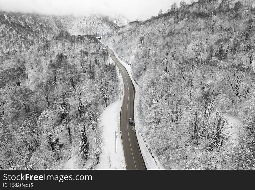 KARTEPE, KOCAELI, TURKEY. Beautiful winter landscape aerial view.