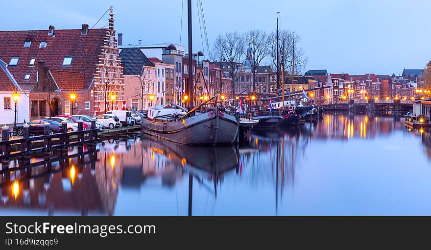 Night Leiden canal Galgewater, South Holland, Netherlands