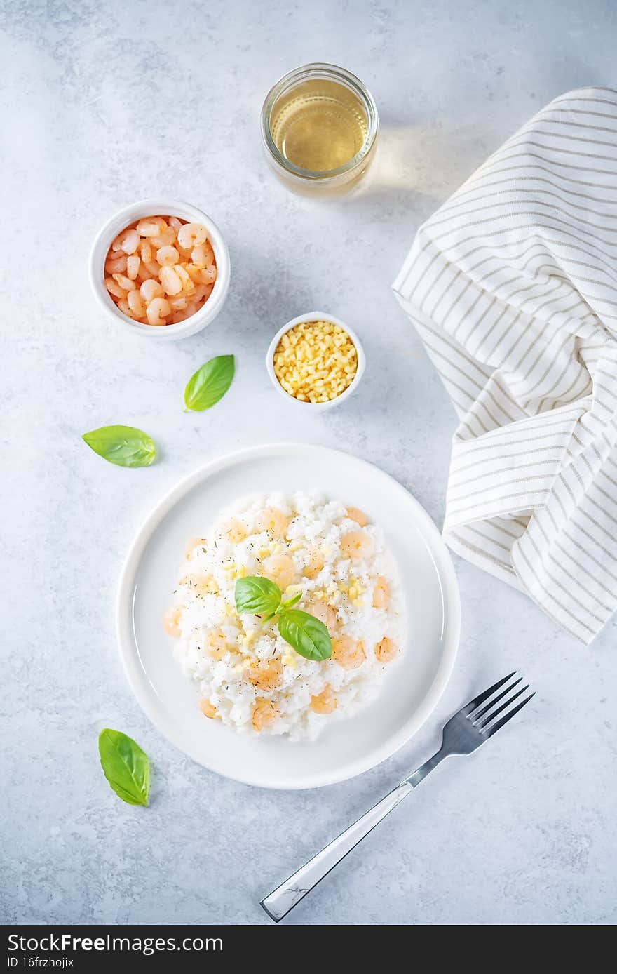 Garlic cream shrimp rice with cheese. toning. selective focus