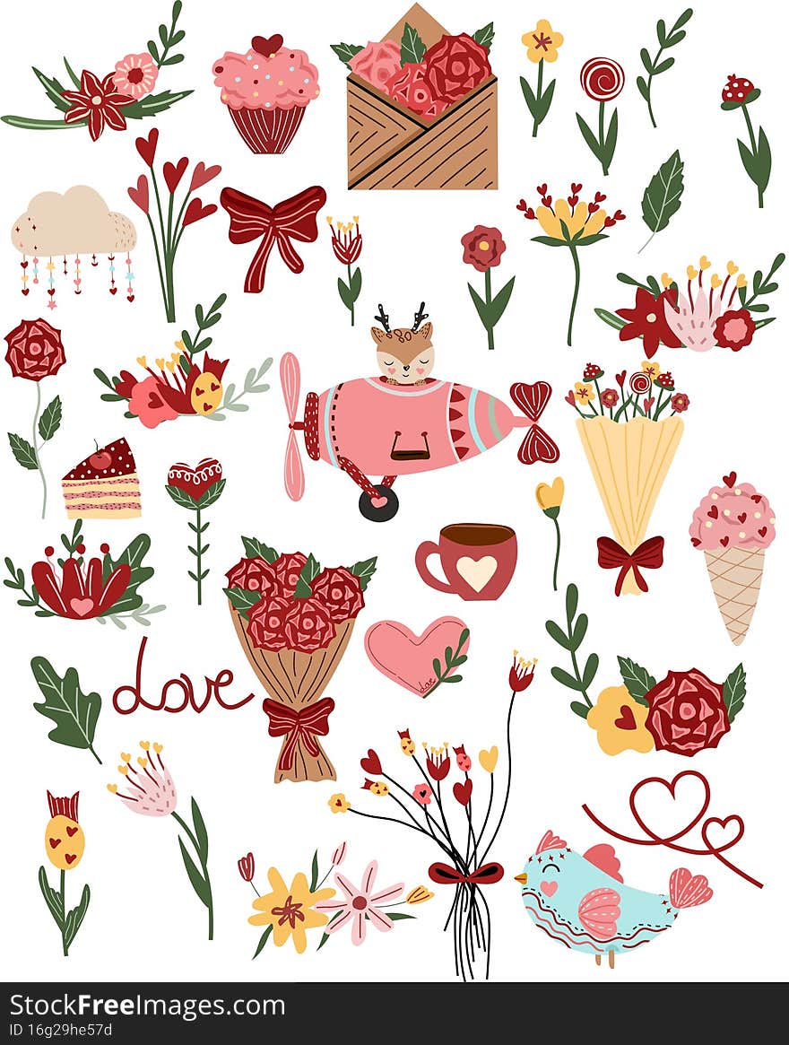 Big set for Valentine s day, flowers, cupcake, envelope of flowers, cup, bird, hearts, leaves. Isolated a white