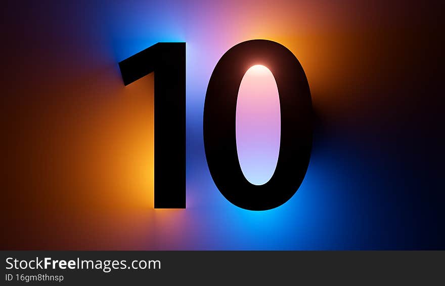 3d render, number ten silhouette, digital math symbol, illuminated with yellow blue gradient neon light.