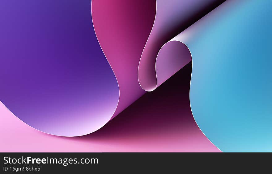 3d render. Abstract violet pink blue background with paper scroll, wavy ribbon edge.