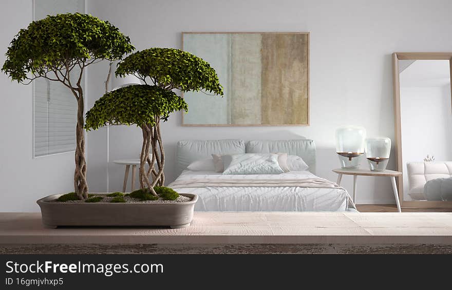 Vintage wooden table shelf with pebble and potted bloom bonsai, green leaves, over contemporary bedroom with soft bed, modern interior design, zen clean architecture concept idea