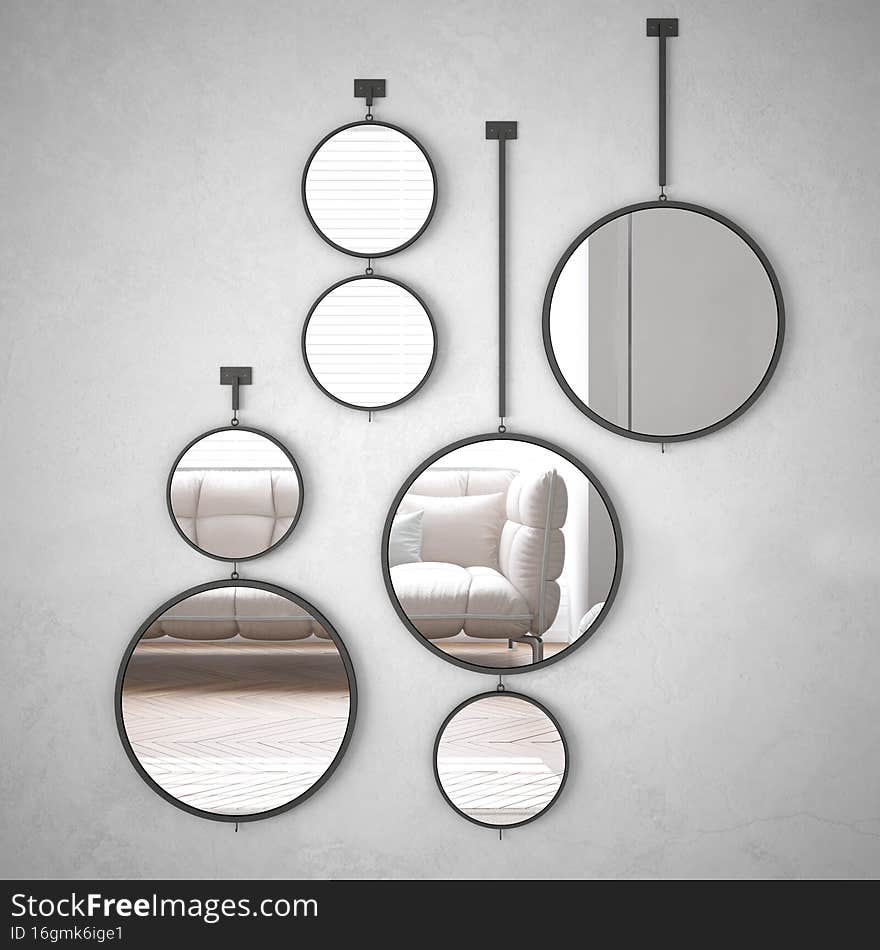 Round mirrors hanging on the wall reflecting interior design scene, minimalist white living with sofa, modern architecture concept idea